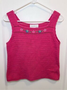 Susan Bristol Vintage Pink Crochet Cropped Tank  Square Neck Floral Embroidery M